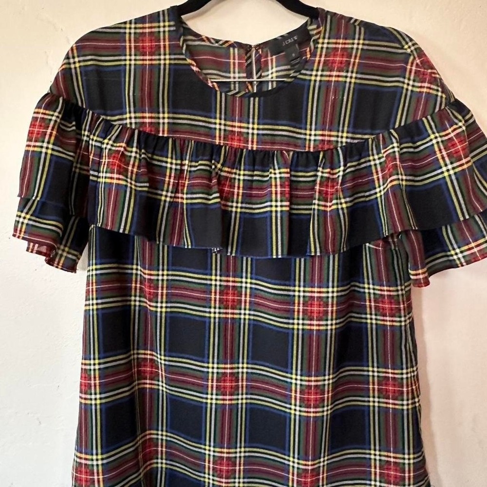 Crew red, blue, and beige plaid ruffle blouse in a size 0